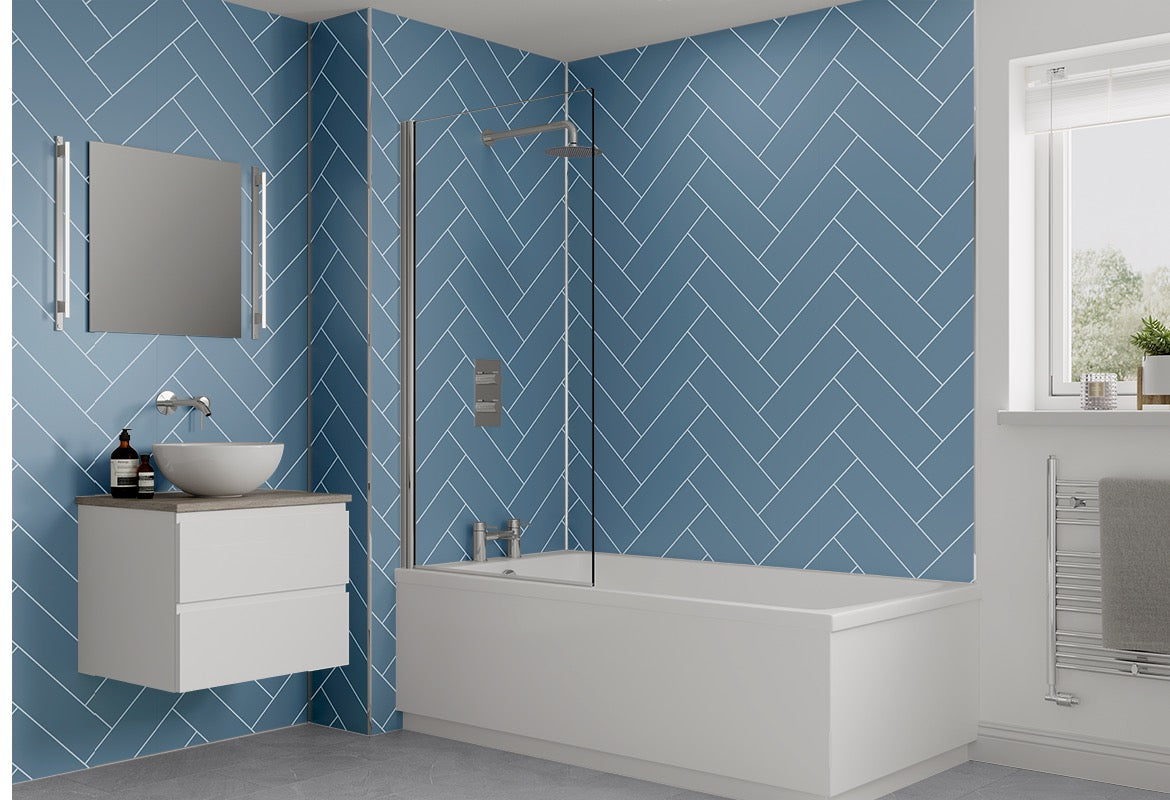 Misty Blue Herringbone Tile Multipanel Wall Panel